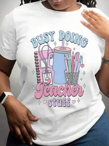 100% algodón, camiseta de mujer, camiseta negra de manga corta en talla grande, con el estampado "Ocupada con el trabajo de profesora, usando útiles escolares y texto", adecuada para el uso diario por parte de profesoras. - Blanco - Ver 8