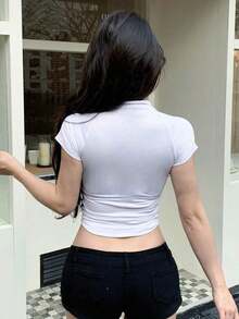 Camiseta deportiva de compresión con cremallera, estilo preppy de verano - Blanco - Ver 9