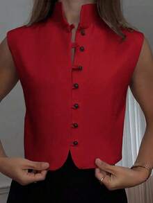 Blusa sin mangas elegante de mujer de doble botonadura, unicolor, blanco casual de verano - Rojo - Ver 4