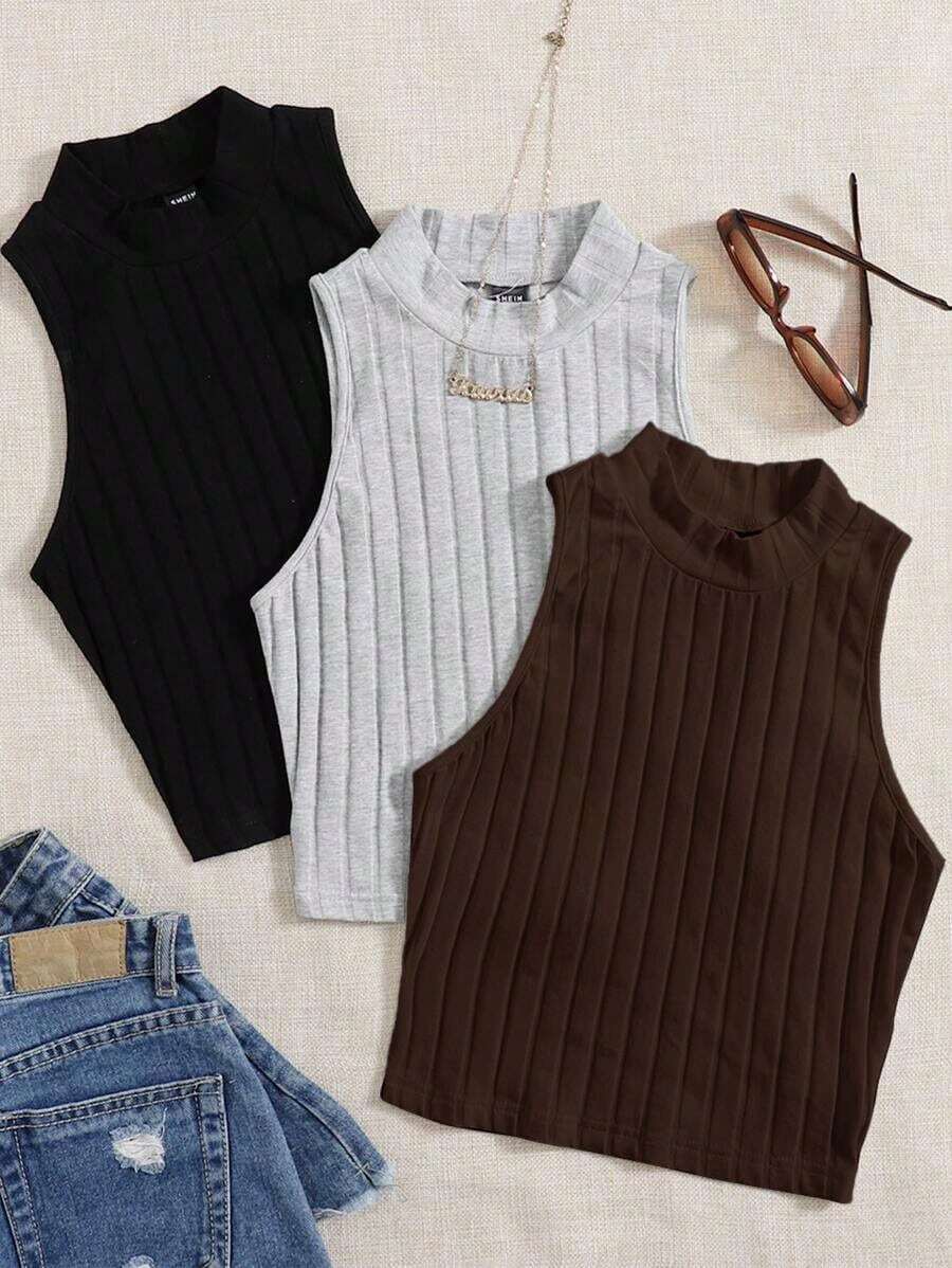 Top de tanque casual sólido de cuello redondo acanalado para el verano - Multicolor 4 - Ver 1