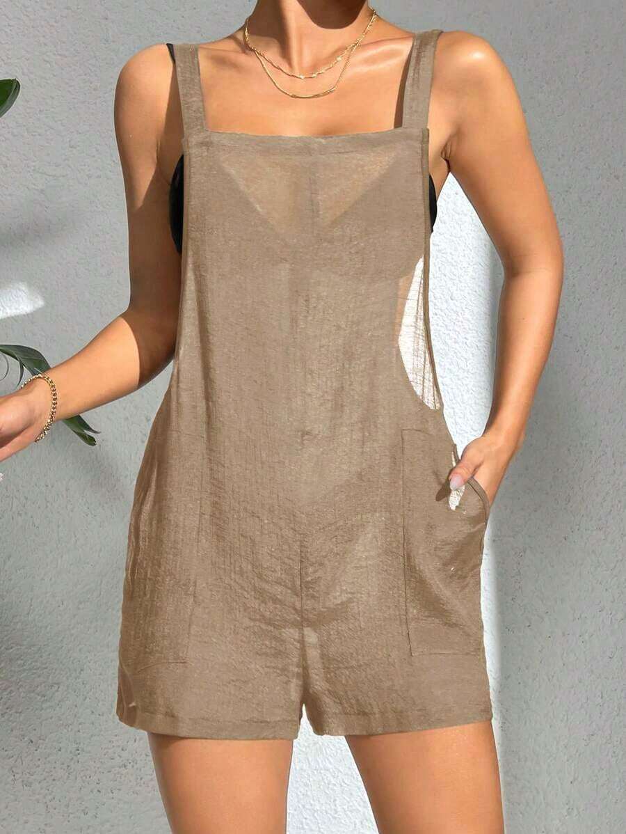 Enterizo de playa para vacaciones con tirantes espagueti y unicolor - Amarillo Mostaza - Ver 1