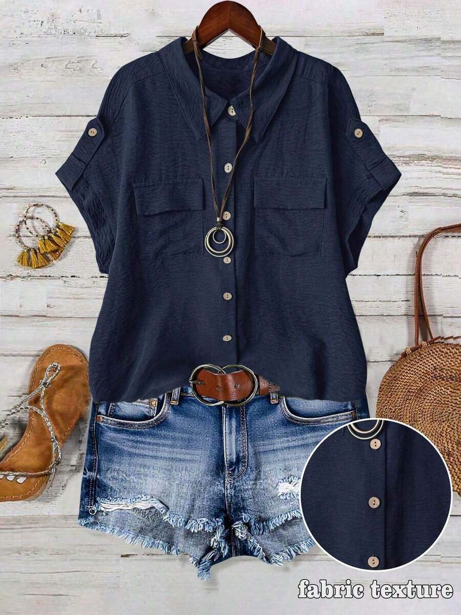 Camisa casual de moda cómoda para mujer de talla grande, de unicolor, con cierre de botones completo, cuello de solapa, manga corta y bolsillos dobles - Azul marino - Ver 1
