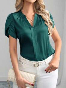 Blusa de satén de manga corta de cuello en V, unicolor elegante, para primavera/verano - Verde Oscuro - Ver 5