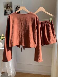 Conjunto de blusa con amarre al frente y shorts con estampado de anacardo para mujer, en estilo bohemio - Marrón 2 - Ver 2