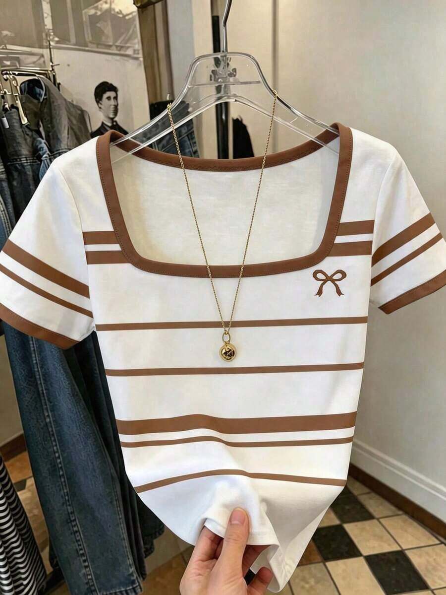 Camiseta de manga corta con cuello cuadrado y lunares clásicos, adecuada para primavera y verano, actualmente popular, camiseta de moda, camiseta hermosa, regalo para hermanos, regalo para hermanas, regalo para mamá, regalo del Día de la Madre, top de moda casual y sencillo - Multicolor 5 - Ver 1