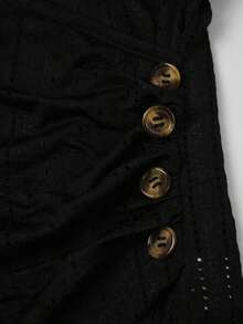 Camiseta casual de mujer de manga corta, cuello en V, fruncida y ajustada de unicolor - Negro 2 - Ver 8