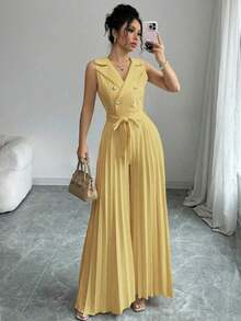 Mono plisado con diseño de chaleco cruzado elegante para mujer, color albaricoque, para primavera y otoño - amarillo ganso - Ver 7