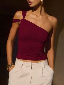 Top sin mangas para mujer, estilo europeo y americano, diseño ajustado y elegante, camiseta asimétrica única, sexy y versátil para el verano - vino tinto - Ver 1