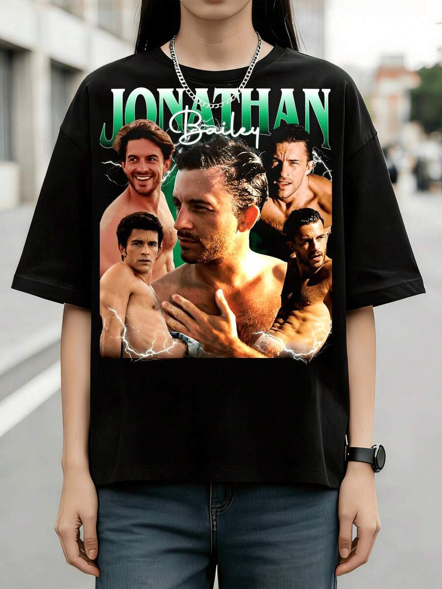 Jonathan Bailey Retro Muscle Style Graphic Cotton Summer T-Shirt - Black - View 1