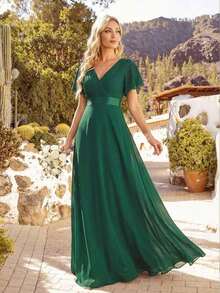 Vestido de dama de honor con cuello en V elegante, mangas con volantes y mariposa, color verde salvia, vestido de invitada de boda, vestido de primavera semi-formal para boda, fiesta de cumpleaños, graduación, Día de San Valentín - Verde - Ver 3