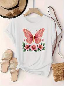 Limited Time Offer, Limited Quantities, Flash ! Women's Casual Shirts, Women's Polyester T-Shirts, Elegant Shirts. Short-Sleeved T-Shirt With Butterfly Print, Round Neck, European And American Style. - 白色 - 查看 9