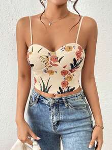 Camiseta sin mangas de mujer, top de camisola con estampado floral - Albaricoque - Ver 2
