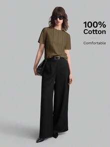 2026 Primavera/Verano Camiseta casual de mujer de manga corta con diseño de rayas de unicolor y cuello redondo, adecuada para el estilo casual urbano, la moda minimalista, el transporte urbano, la sencillez elegante, el Día del Maestro, la tela de p - Marrón - Ver 4