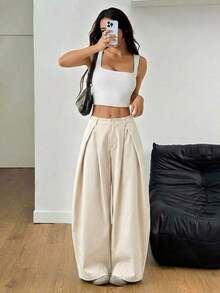 Pantalones anchos de verano con dobladillo curvo verde, estilo vintage, casual y para salir - Albaricoque - Ver 9