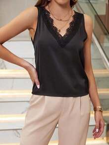 Privé Blusa con encaje en contraste de satén - Negro - Ver 6
