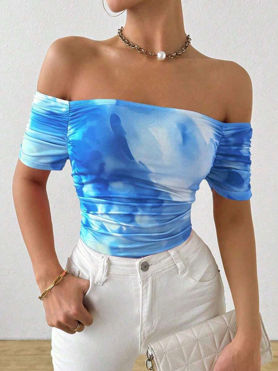 Camiseta de manga corta plisada con cuello recto en línea - Celeste - Ver 1