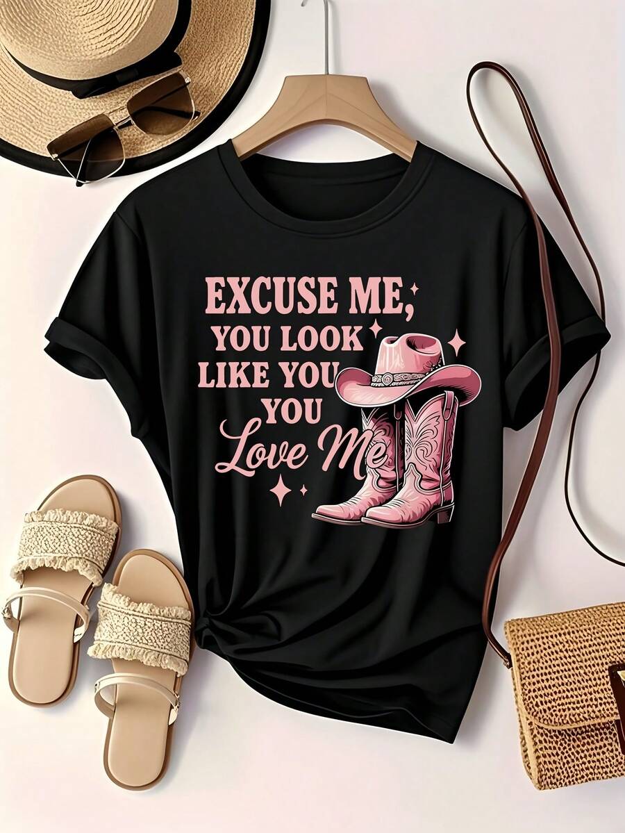 Women's T-Shirt With Cowboy Hat Print "Excuse Me" - Casual Short Sleeve Crew Neck Top, Pink Western Style T-Shirt With Fun Graphic Design, Ladies' T-Shirts - 黑色 - 查看 1