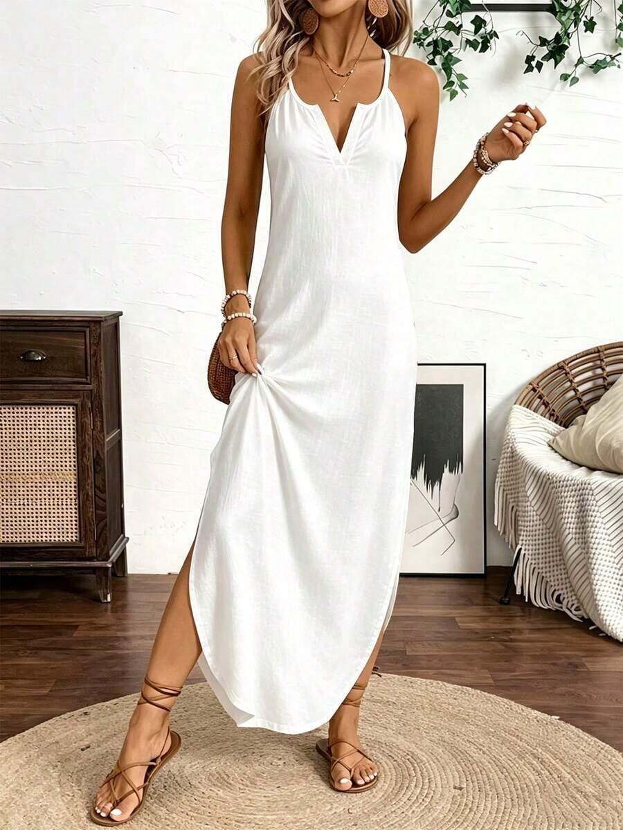 Vestido Maxi de Tirantes Finos con Rayas Verticales Multicolor para Mujer BDSHJKa - Blanco - Ver 1