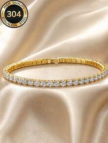 1 chiếc vòng tay tennis tròn bằng đồng đính đá Zirconia tối giản, phù hợp cho cả nam và nữ đeo hàng ngày. - vàng 1 - Xem 2