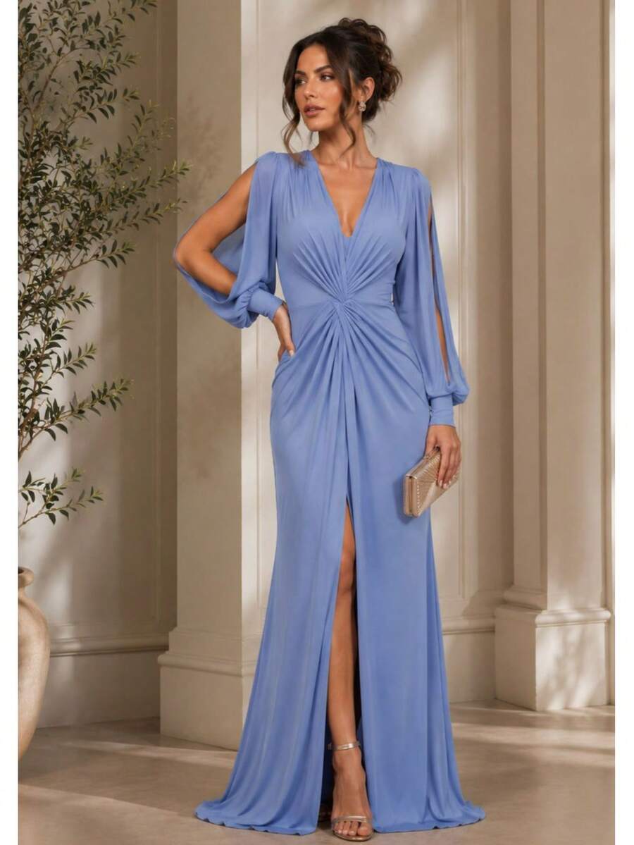 Bridesmaid Dress For Party Guests Reception Graduation Without Shine, Long Sleeves, Openwork In Fluity With Slit - 藍色寧靜 - 查看 1