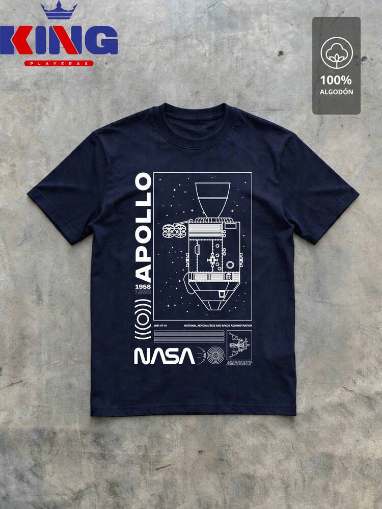 Men's T-Shirt Made Of 100% High-Quality Cotton, This T-Shirt Guarantees Exceptional Softness To The Touch, Round Neck With "NASA WHITE Apollo Mission Diagram" Print On The Front - 藏蓝色 - 查看 2