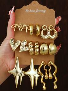 4/6/16 piezas Conjunto de aretes elegantes de moda en dorado, incluye diseños de moño, aro, círculo, corazón, estrella, onda, forma de C, adecuado para uso diario y regalos festivos - Dorado - Ver 1