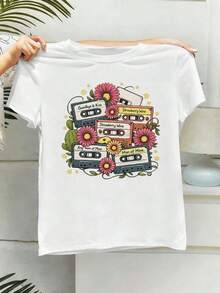 Camiseta retro con estampado floral y casete para mujer, algodón premium, cuello redondo, corte relajado, cómoda, estampado artístico.Suitable for spring, summer and autumn - Blanco - Ver 2