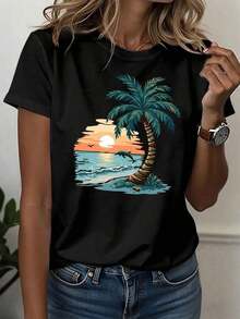 Camiseta de Mujer 100% Algodón 2026 - Camiseta Deportiva Casual para Mujer, Cuello Redondo, Estilo Playa, Estilo Vibrante, Atuendo de Fiesta, Temática de Verano, Diseño Floral de Palmeras, Tropical, Verano, Top Cómodo para Todas las Temporadas - Ropa de Verano para Mujer - Camisetas de Verano Adecuadas para primavera, verano y otoño - Negro - Ver 7
