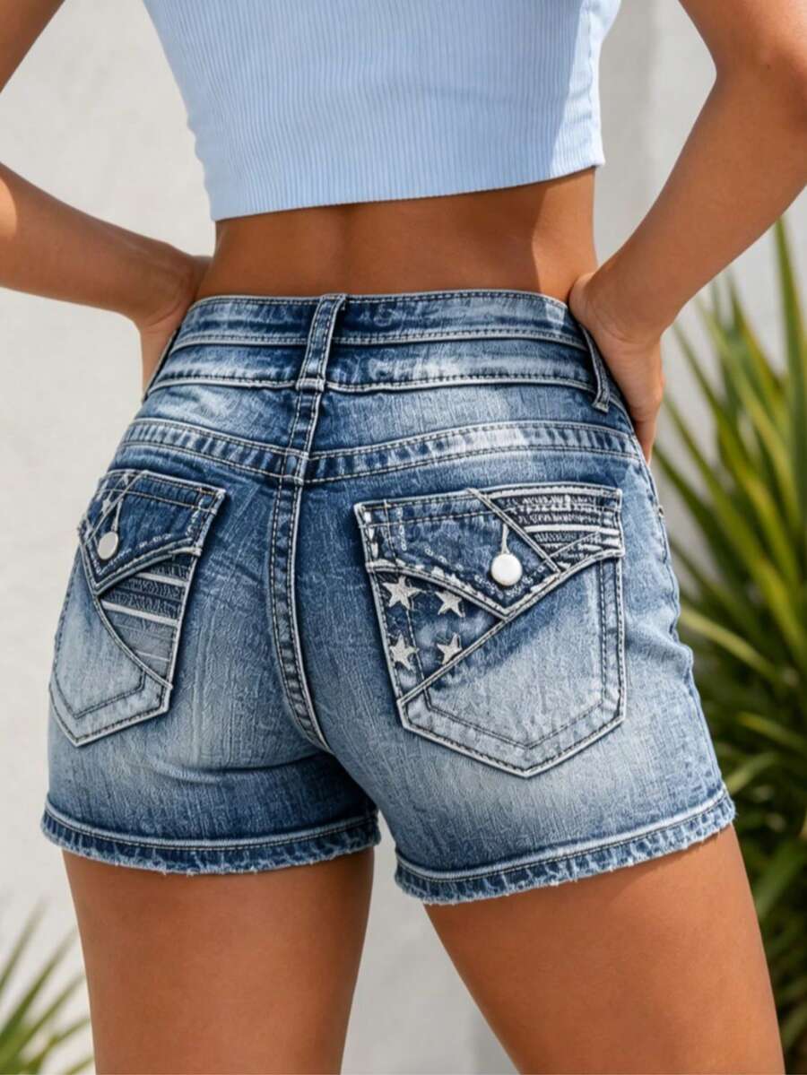 Women's Boho Washed Denim Short Shorts With Star Details And Button Closure Slight Stretch - 藍色 - 查看 1