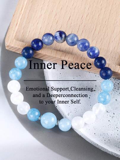 Larimar Inner Peace Bracelet Made Of Larimar, Moonstone, Aquamarine, Lapis Lazuli & Sodalite, Handmade Beads Emotional Balance Elegant Design Bohemian Style Jewelry For Women Men Suitable For Daily Wear