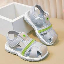 Boys' Hook And Loop Sandals, Summer New Soft Bottom Non-Slip Beach Shoes, Easy On/Off, Silver Gray Solid Color, Floral Woven Strap Decor, More Fashionable - Light Grey - View 15