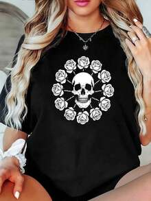 Under The RadarCamiseta de Talla Grande para Mujer con Estampado de Rosa Gótica y Calavera - Blusa de Manga Corta y Cuello Redondo en Color Granate Oscuro, Diseño de Rosa Blanca y Círculo de Huesos, Lavable a Máquina, Ropa Casual y Gótica para Usar Todo el Año (Granate)-Vintage Street Style Unisex Loose Cotton Short Sleeve Crew Neck T-Shirt - Negro - Ver 7