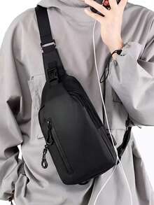 Bolsa de pecho multifuncional para hombres con puerto de carga USB, bolso de hombro ligero para teléfono móvil, bolso cruzado deportivo de unicolor versátil, bolso bandolera de gran capacidad a prueba de agua para uso diario, bolso de cintura para viajes de invierno, bolso negro para exteriores, bolso de viaje, regalos del Día de San Valentín, calcomanías, bolso de cintura, bolso escolar, bolso de primavera, bolso de compras, bolso lateral, cinturones, artículos de nueva vida para estudiantes, bolso esencial - Negro - Ver 3