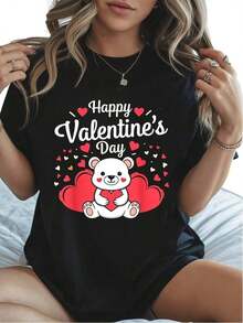 Talla Grande, Camiseta de Oso de Peluche para el Día de San Valentín para Mujer y Unisex - Bonito Estampado de Feliz Día de San Valentín con Corazones, Camiseta Casual de Manga Corta co - Negro - Ver 7
