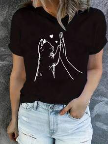 Women's Lightweight T-Shirt With Cat Paw And Heart Print - Short Sleeve Crew Neck Top, Soft And Stretchy For Spring/Summer, Machine Washable, Pet Lover T-Shirt, Comfortable And Slightly Stretchy For Everyday Casual Wear. - 黑色 - 查看 6