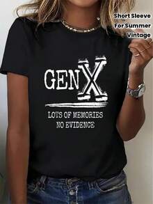 Camiseta de cuello redondo de una pieza para mujer, estilo curvado, talla grande |   Estampado gráfico llamativo de "GEN X" y eslogan "Muchos Recuerdos, Sin Pruebas" - fondo negro con letras blancas, mangas cortas transpirables, camiseta casual para fiestas de verano, ropa informal, regalo para el Día del Padre, camiseta vintage, recomendación de regalo, corte holgado y elástico. - Negro - Ver 1