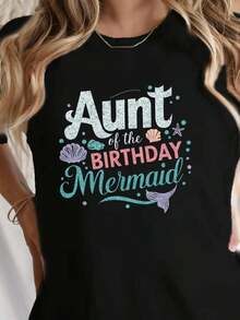 Camiseta de Mujer con Temática de Sirena - Blusa de Manga Corta y Cuello Redondo con Gráficos de Conchas y Estrellas de Mar, Tela Suave y Elástica, Diseño de Cola de Sirena y la Frase "Tía Sirena de Cumpleaños" - Ropa de Playa para Primavera y Verano, Atuendo Casual para Fiestas Temáticas, Lavable a Máquinablusas para mujer>ropa - Negro - Ver 6