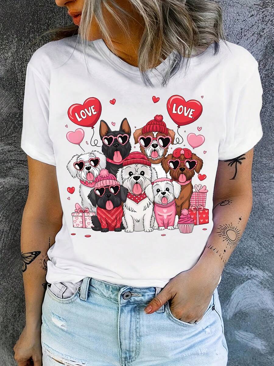 1 Dog Print T-Shirt For Valentine's Day, T-Shirt With The Phrase "The Dog Is My Lover", T-Shirt For Dog Lovers, Gift For Dog Lovers, 180g 100% Cotton. - 白色 - 查看 1