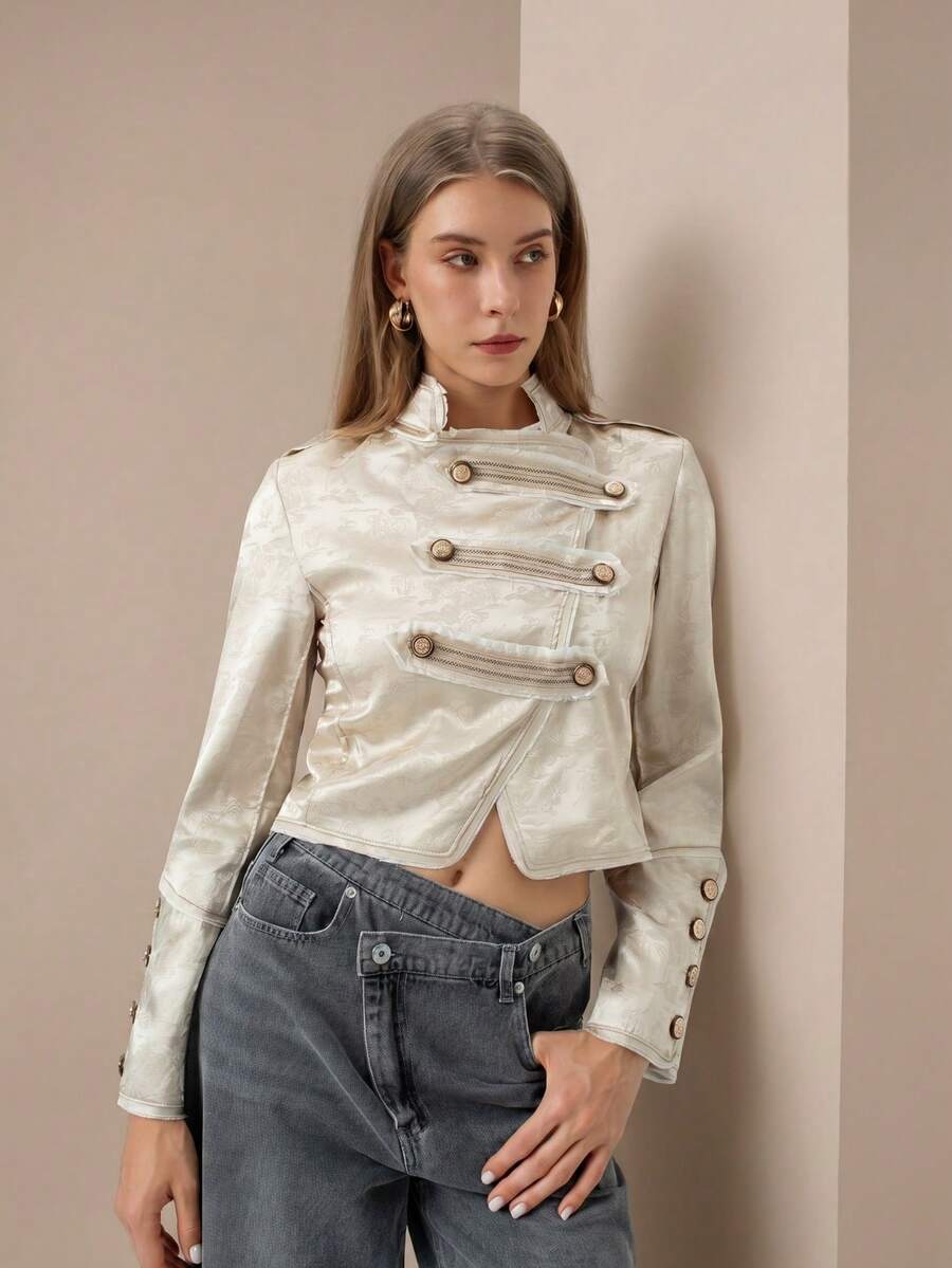 HZXVIC Women's New Elegant Temperament Stand Collar Asymmetrical Front Button Jacquard Jacket Jacket