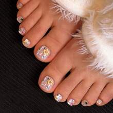 24pcs Press-On Fake Nails For Toes, Cat's Eye Nails,Nude Toes Nails, Colorful Sparkling Diamond Decorative Nails,Three Dimensional Star Shaped Decorative Nails,Summer Nails,Wearable Nail Art Halffinished Board For Applying Nails, Full Coverage Glossy Daily Fake Nails, Ladies Reusable, Easy To Wear And Remove, Equipped With Tools, DIY Nail Supplies, Vacation ,Suitable For Party,Dance Party, Etc. - Pink - View 7