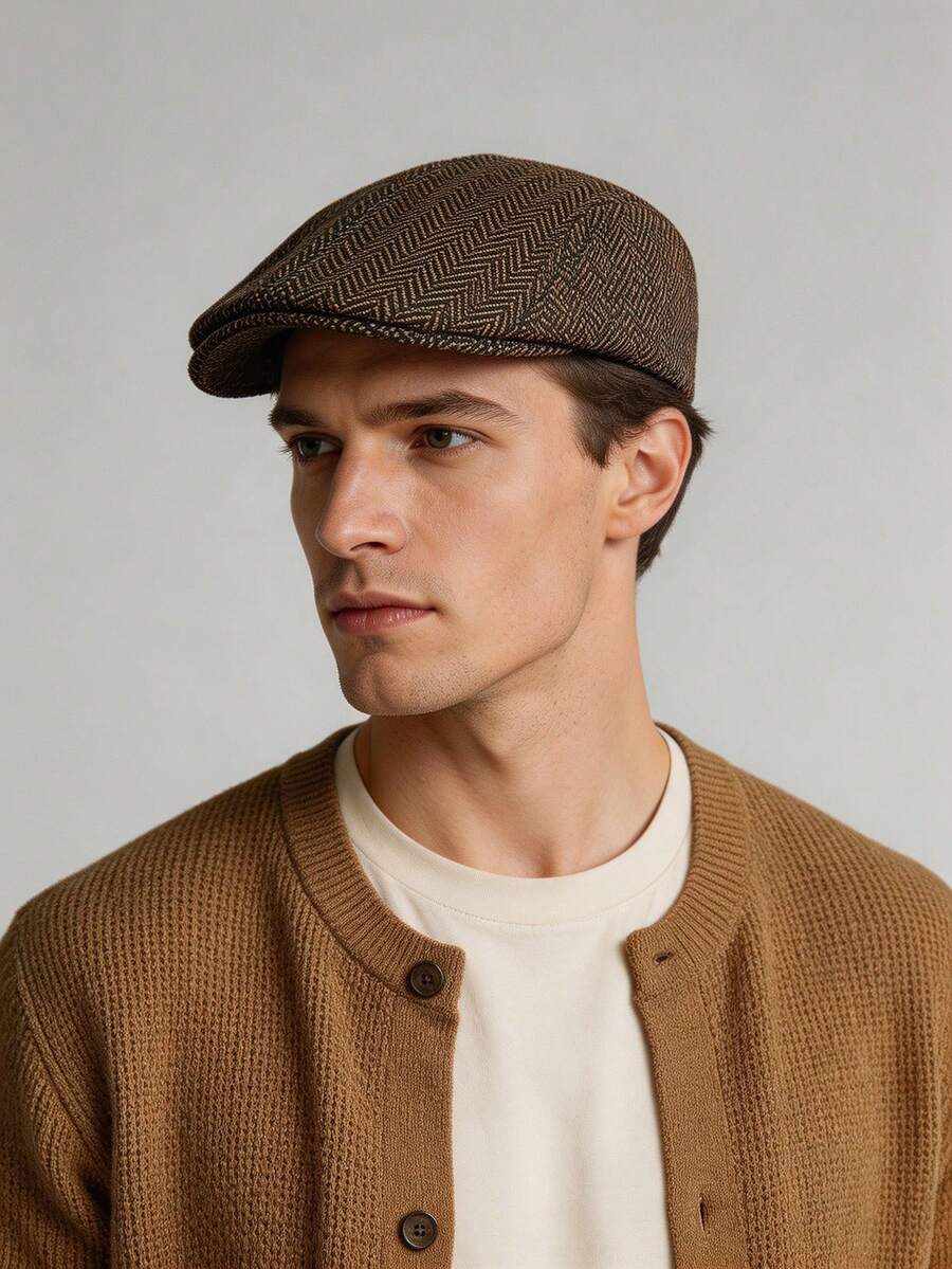 1pc Unisex Retro Fishbone Pattern Newsboy Cap, Classic Silhouette Wool Blend Newsboy Hat, Suitable For All Seasons - Style 1 - View 1