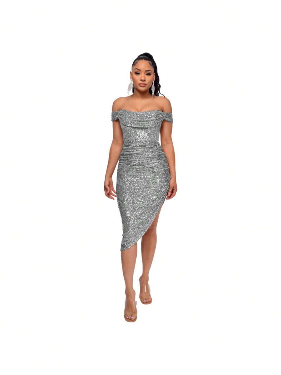 Women's Champagne-Colored Sequined Dress, Off-Shoulder Draped Design, Asymmetrical Side Slit, Stretchy Shiny Fabric Ideal For Summer Parties, Weddings As A Guest And Elegant Outdoor Dinners, Sexy Glamorous Style Perfect For Celebrations And Formal Events - 灰色 - 查看 1