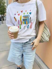 Camiseta de Verano para Mujer, Cuello Redondo, Manga Corta, con Estampado de Crayones, Uso Diario Casual, Blanca - Blanco - Ver 3
