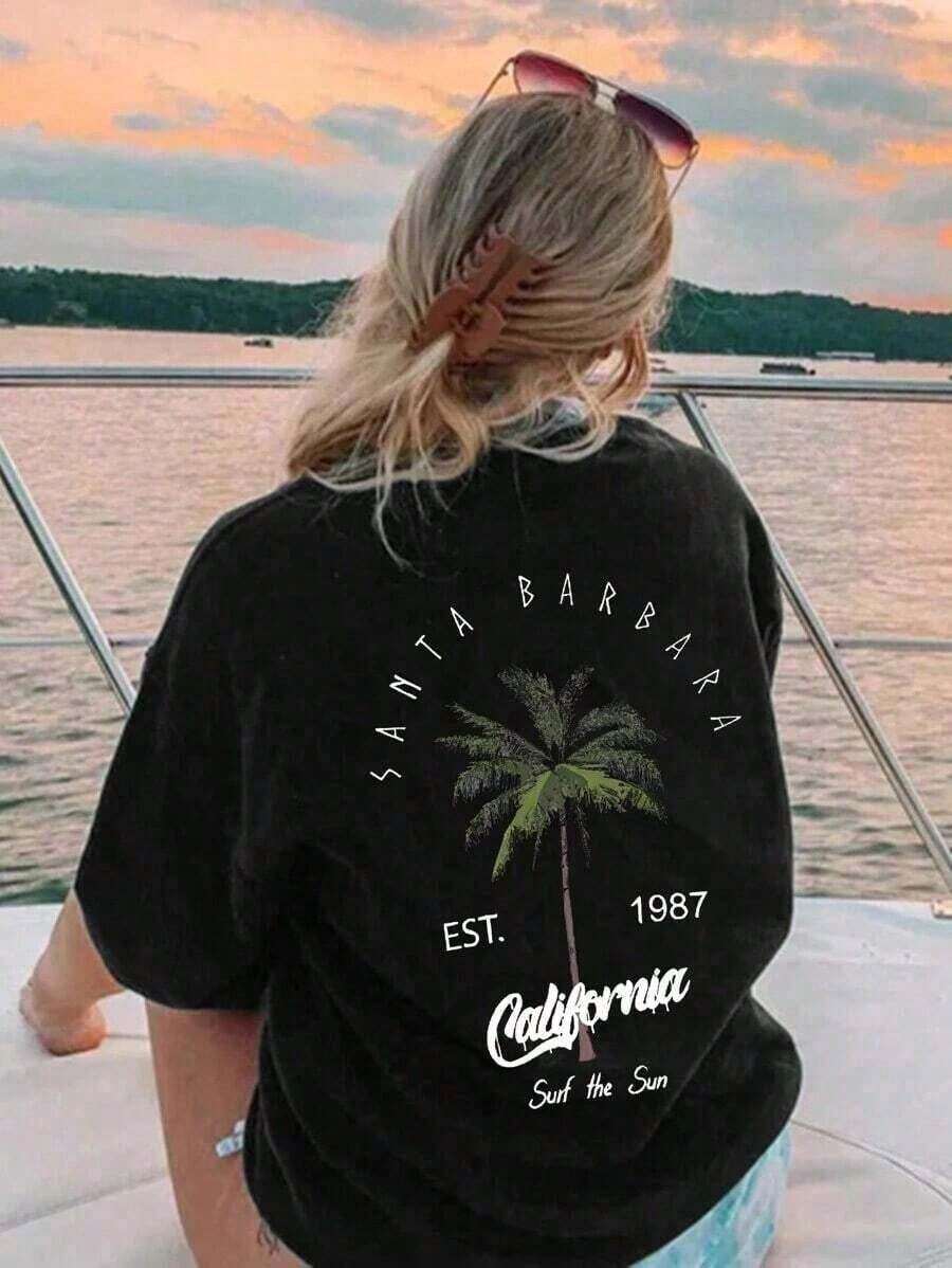 Women's Short-Sleeved T-Shirt, Casual Style, Round Neck, Palm Tree And Letter Print, Holiday Style, White And Pink, 100% Cotton, Urban Casual Style. - 黑色 - 查看 1