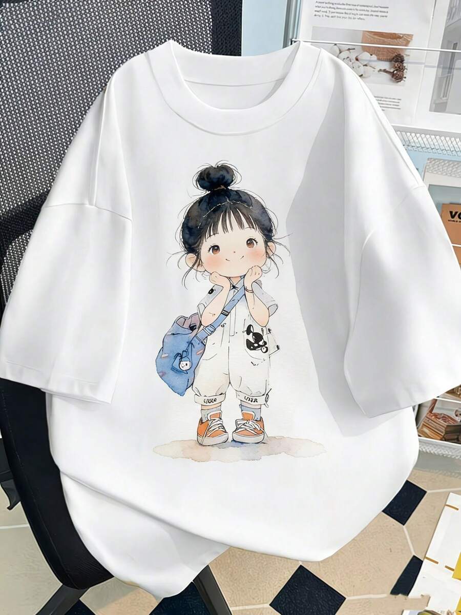 Casual Graphic Tee For Young Women. Adorable T-Shirt With Cartoon Graphics For Women, Perfect For Casual Summer Outings And As A Gift For Loved Ones. - 白色 - 查看 1