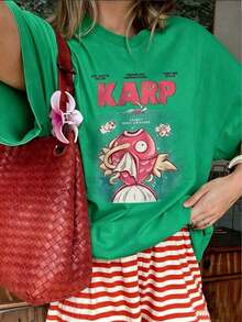 1PSC2026 Women's Vintage T-Shirt With Japanese Koi Fish Print "KARP", Comfortable Anime Style, Short Sleeve, Unique Round Neck, Casual Urban Style, Pinterest Fashion, Summer T-Shirts, Classic Cotton T-Shirt With Fashion Print, Lightweight And Breathable. - 綠色 - 查看 5