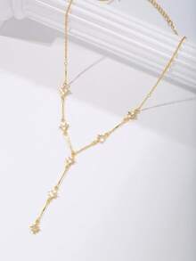 Nooxian 1pc Women's Necklace, Exquisite Copper Inlaid Zirconia Four-Leaf Clover & Starburst Pendant With Tassel Y-Shaped Long Necklace, Suitable For Daily Deep V Dress, Party Accessories, Gift - Gold - View 6