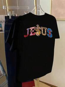Short-Sleeved T-Shirt With Front And Back Print -  Jesus Christ Print - Women's  Print T-Shirt For Spring/Summer, Fashionable Item. Elegant Party Outfit, T-Shirt For Elegant Ladies, Blouses Suitable For Curvy Women, Prom Skirts, Casual Wear - 黑色 - 查看 2