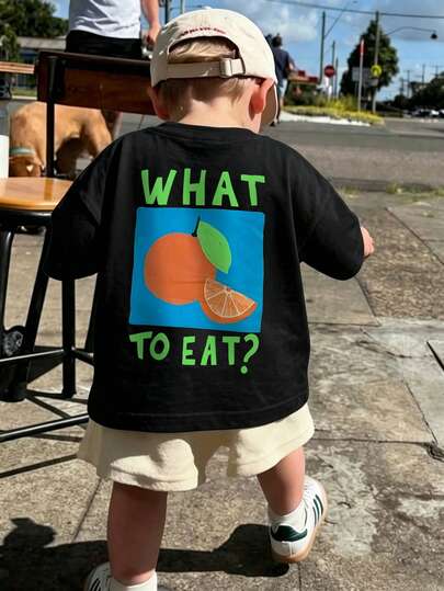 1 pieza Camiseta gráfica naranja "¿QUÉ COMER?" para niños pequeños, camiseta de manga corta y cuello redondo informal