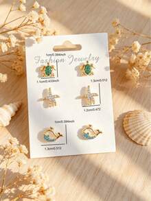 Juego de 6 piezas/Set de pendientes con estilo de vacaciones de playa de verano, con incrustaciones de vida marina y brillantes de strass de colores para mujeres - Amarillo Oro - Ver 4